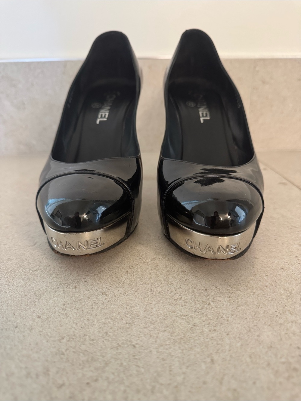AUTHENTIC CHANEL Black Patent Leather Flats with Silver Logo Accent
